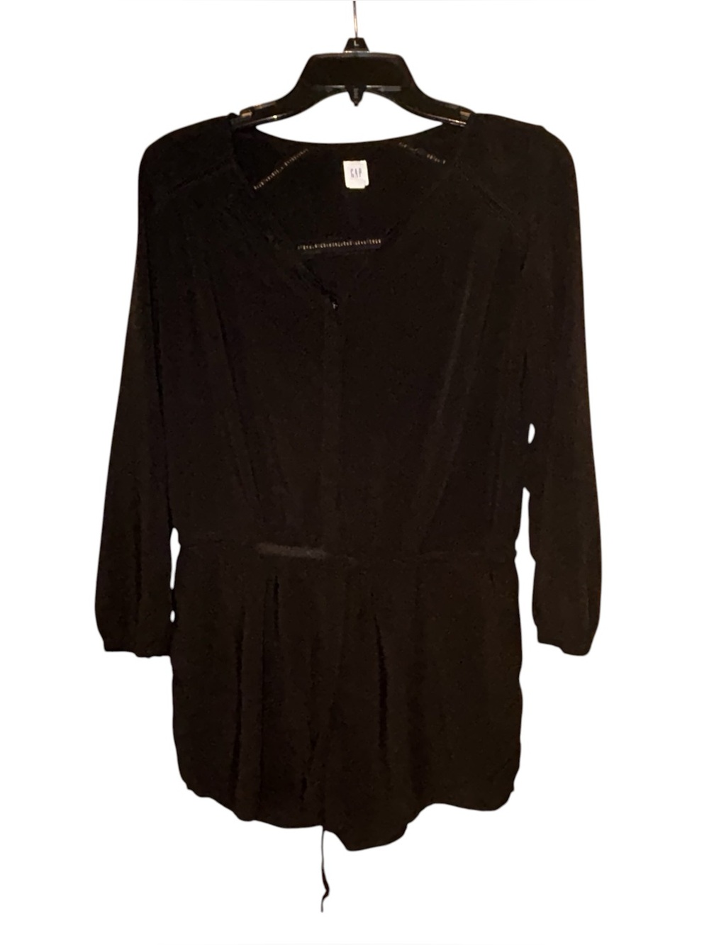 GAP Black Long Sleeve Romper Womens Small V Neck Tie Waist Pockets Rayon